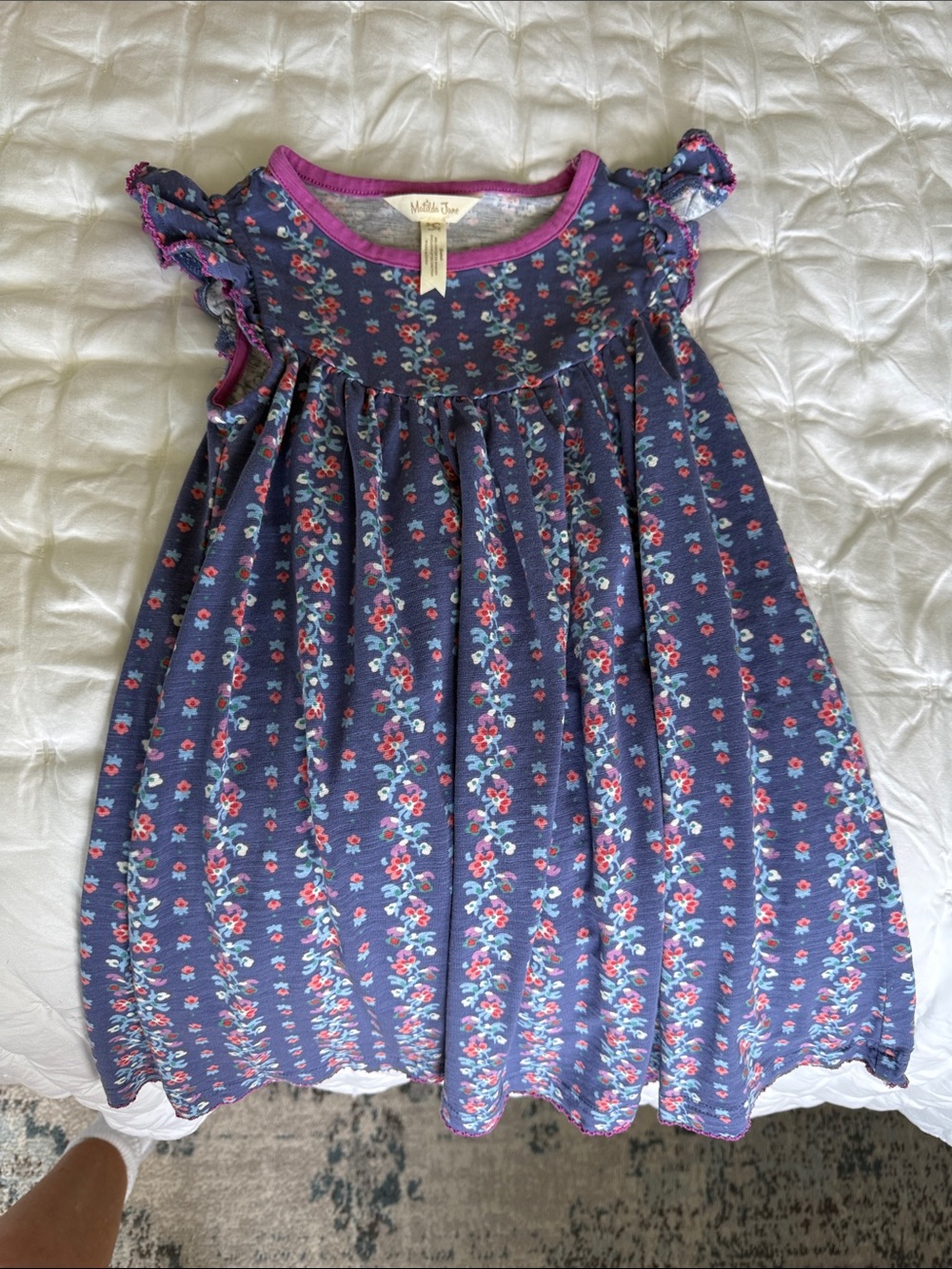 Matilda Jane Navy Floral Ruffled Sleeve Dress with Pink Trim